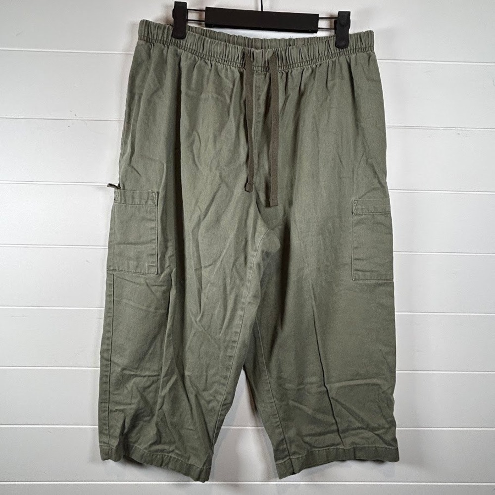 Basic Editions Womens Olive Green Cargo Capri Pant 100% Cotton Large Pull on